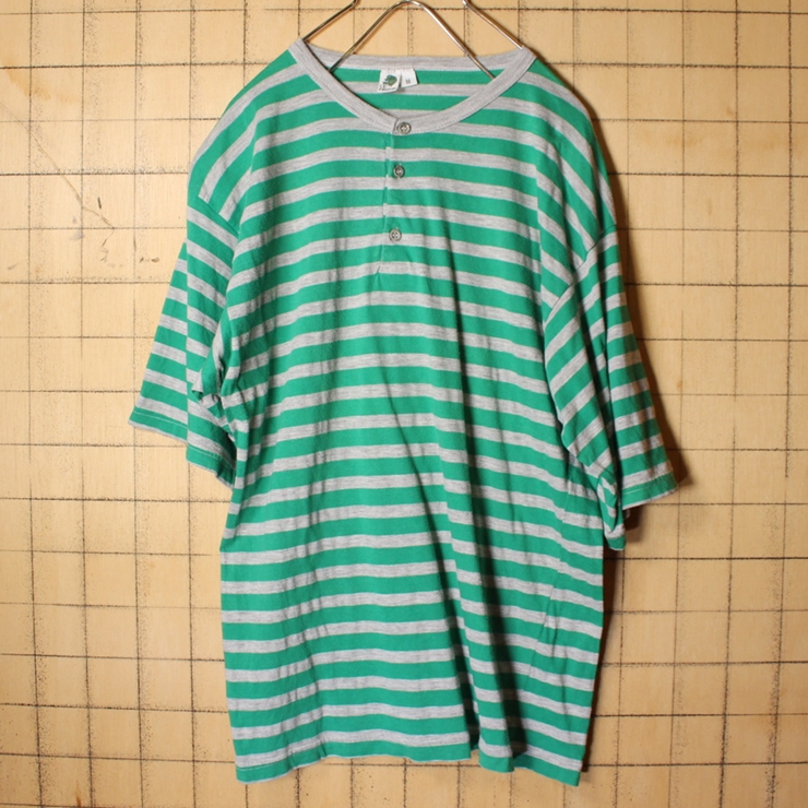 80s 90s EURO LE FROG ヘンリーネック ボーダー Tシャツ グリーン グレー メンズM ヨーロッパ古着