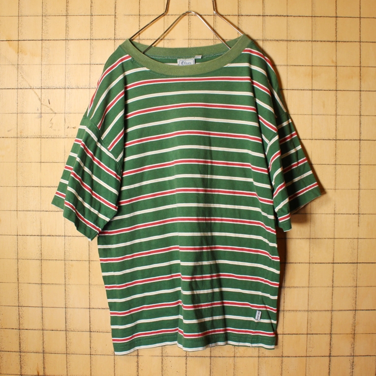 80s 90s EURO Oliver twist ボーダー Tシャツ グリーン レッド メンズM相当 ヨーロッパ古着