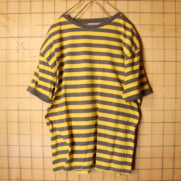 80s 90s EURO C&A ボーダー Tシャツ イエロー カーキ メンズL ヨーロッパ古着