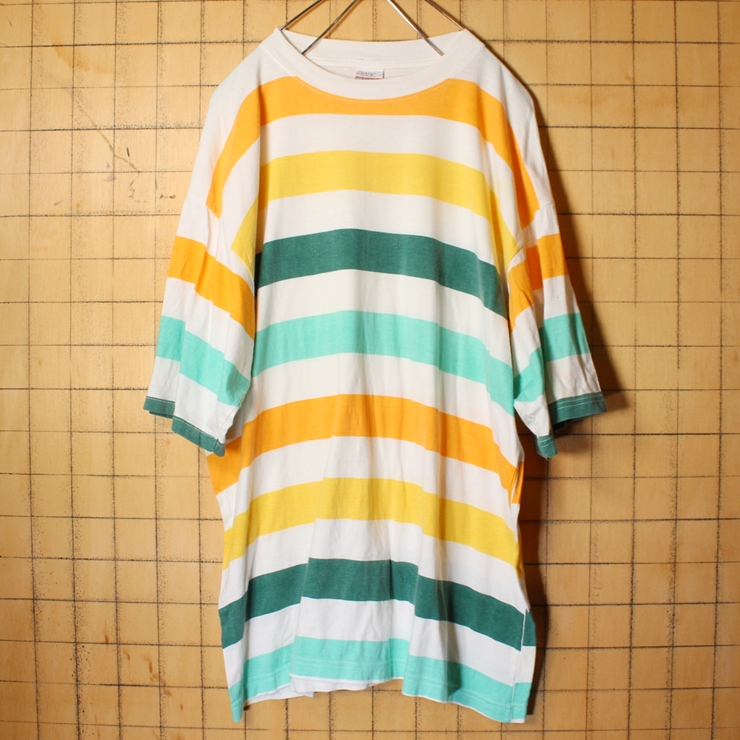 80s 90s EURO BASIC CULTURE ボーダー Tシャツ ホワイト オレンジ グリーン メンズL ヨーロッパ古着