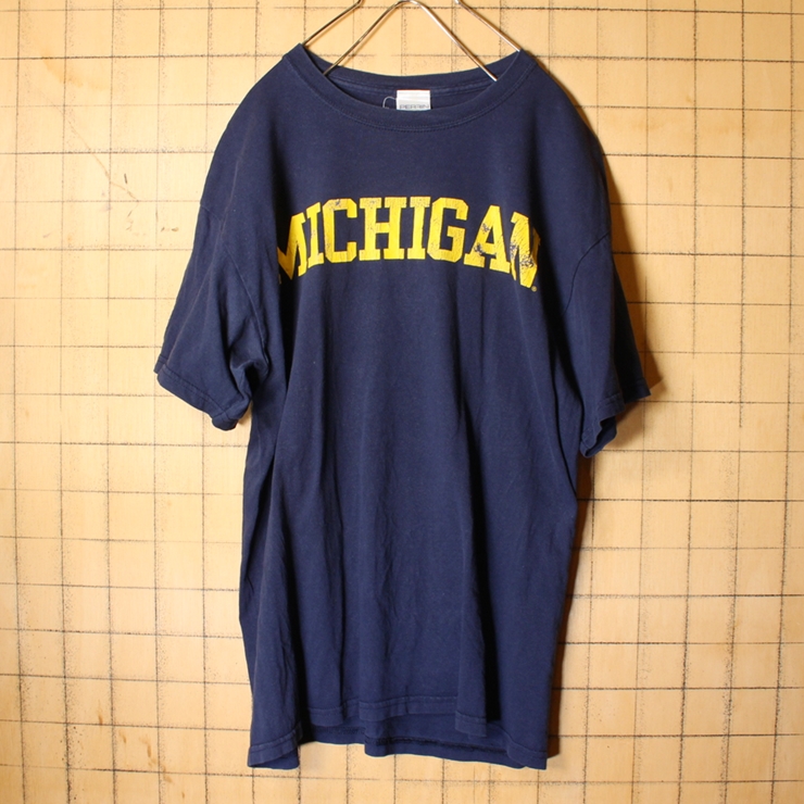 PERRIN MICHIGAN カレッジ プリント Tシャツ ネイビー ブルー 青 メンズM アメリカ古着