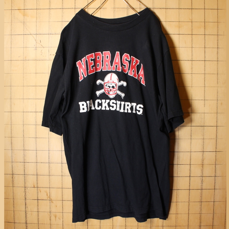 80s 90s USA製 The Cotton Exchange NEBRASKA BLACKSHIRTS プリント Tシャツ ブラック メンズXL スカル ドクロ アメリカ古着