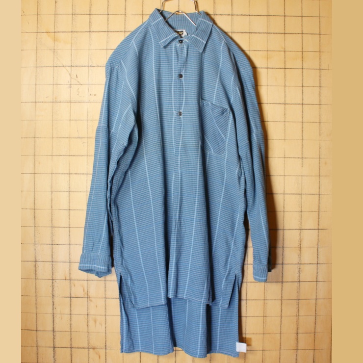 60s 70s フランス製 Kidur チェック グランパ プルオーバー シャツ ブルー メンズML相当 長袖 グランドファーザー ヨーロッパ古着