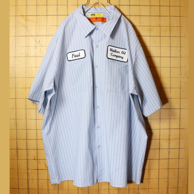 ビッグサイズ 70s 80s USA製 RED KAP レッドキャップ 半袖 ストライプ ワーク シャツ ライトブルー メンズ3XL ワッペン アメリカ古着