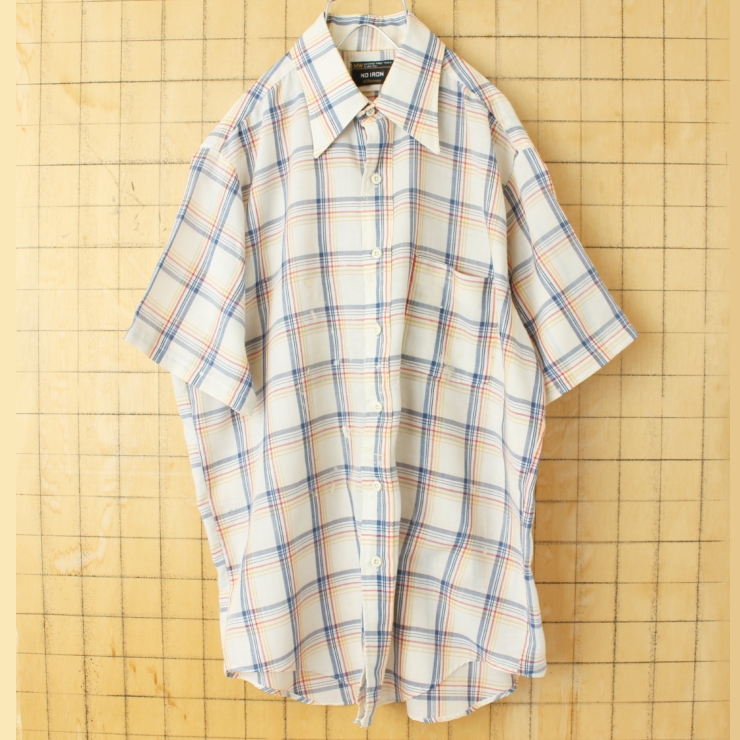 70s 80s USA JCPenney 半袖 チェックシャツ ブルー レッド メンズL相当 アメリカ古着