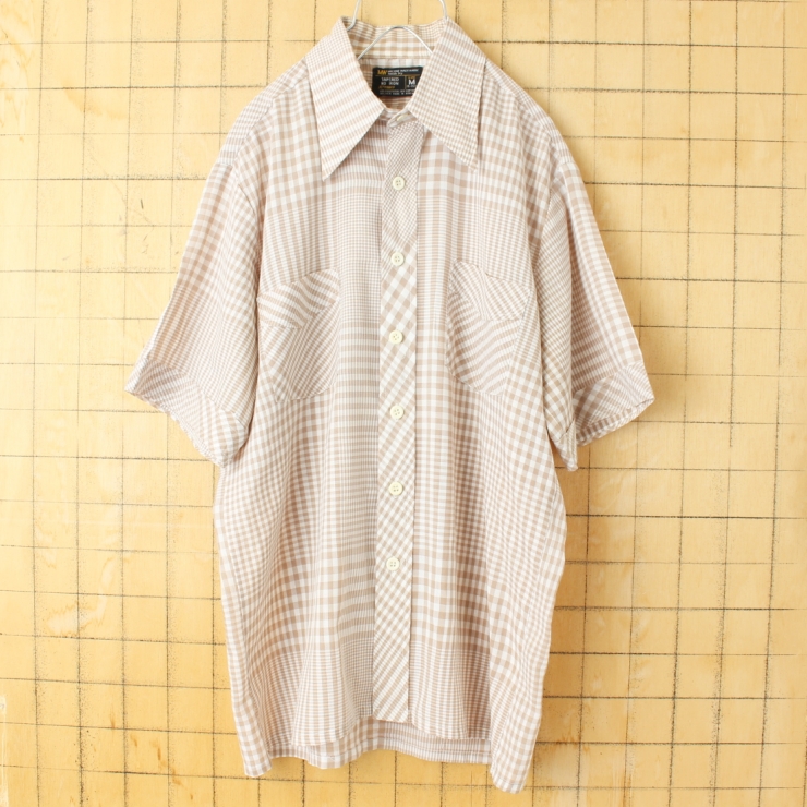 70s 80s USA JCPenney 半袖 チェックシャツ ベージュ メンズM アメリカ古着