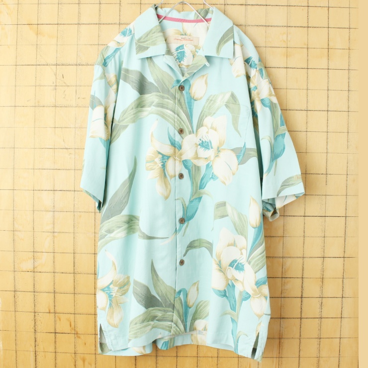 90s USA Tommy Bahama シルク アロハ シャツ メンズM 半袖 ライトブルー ハワイアン 花柄 アメリカ古着
