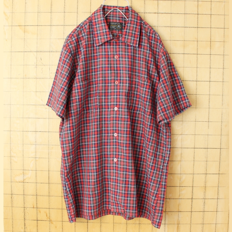 70s 80s USA JCPenney 半袖 チェックボックスシャツ レッド ネイビー メンズM アメリカ古着