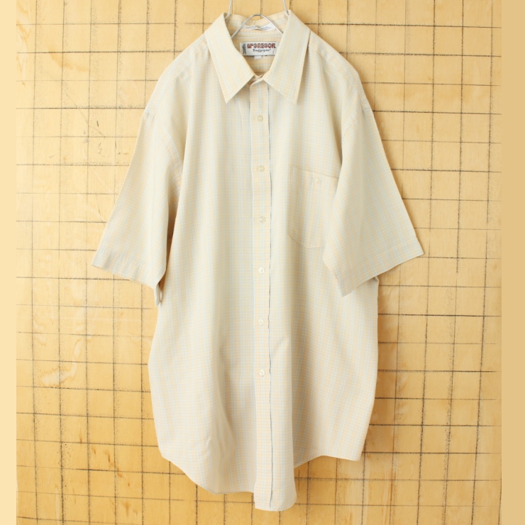 70s 80s USA McGREGOR Bagpiper 半袖 チェックシャツ ベージュ イエロー メンズL アメリカ古着
