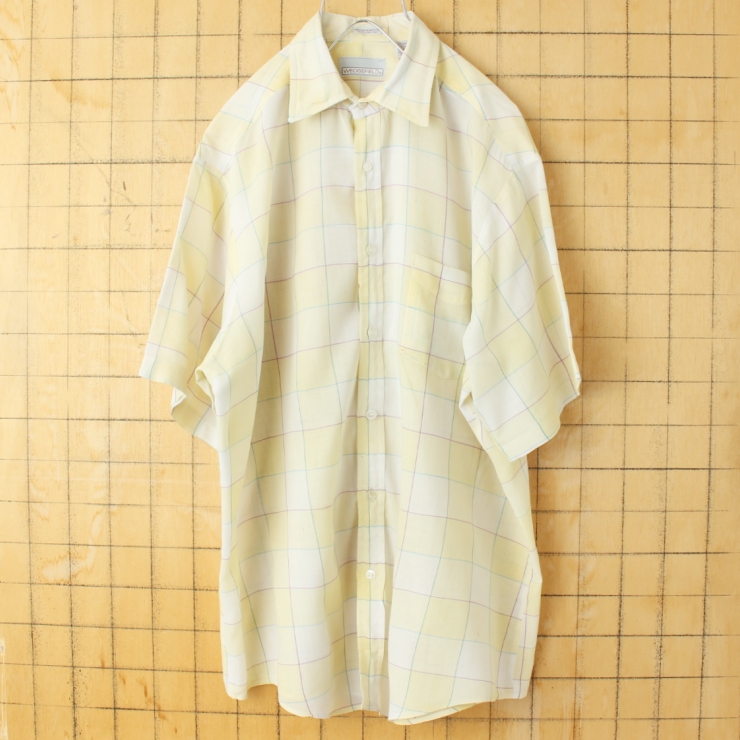 70s 80s USA WEDGEFIELD 半袖 チェックシャツ イエロー メンズL アメリカ古着