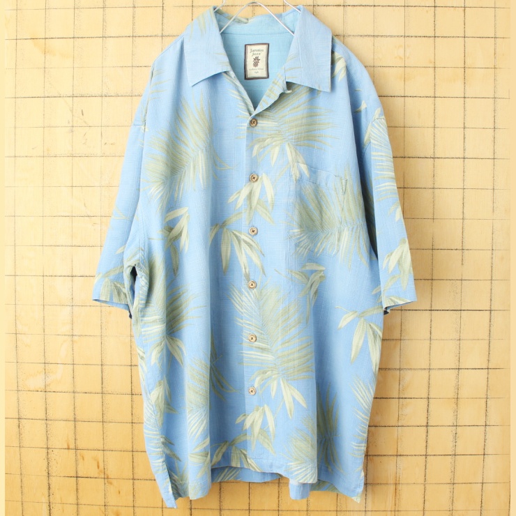 90s 00s USA Jamaica Jaxx シルク アロハ シャツ メンズL 半袖 ブルー ハワイアン 花柄 アメリカ古着