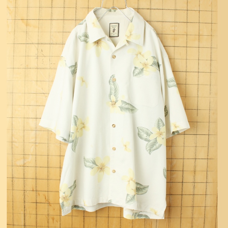 90s 00s USA Jamaica Jaxx シルク アロハ シャツ メンズL 半袖 ベージュ ハワイアン 花柄 アメリカ古着