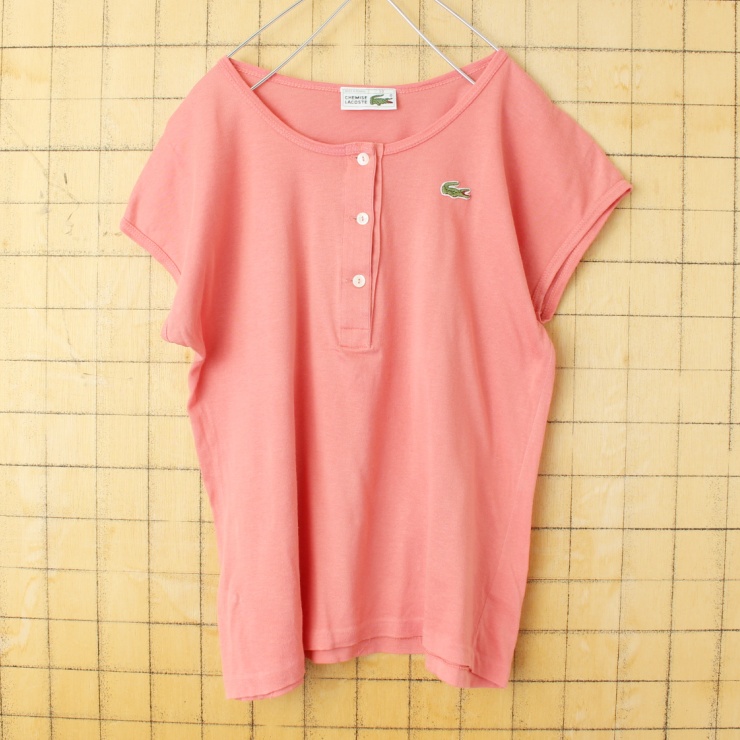 70s 80s フランス製 フレンチラコステ Lacoste フレンチスリーブ カットソー Tシャツ 半袖 レディースML相当 ピンク ヘンリーネック ヨーロッパ古着