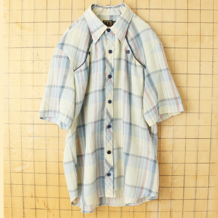 70s 80s USA製 h.i.s 半袖 チェックシャツ ブルー メンズL アメリカ古着