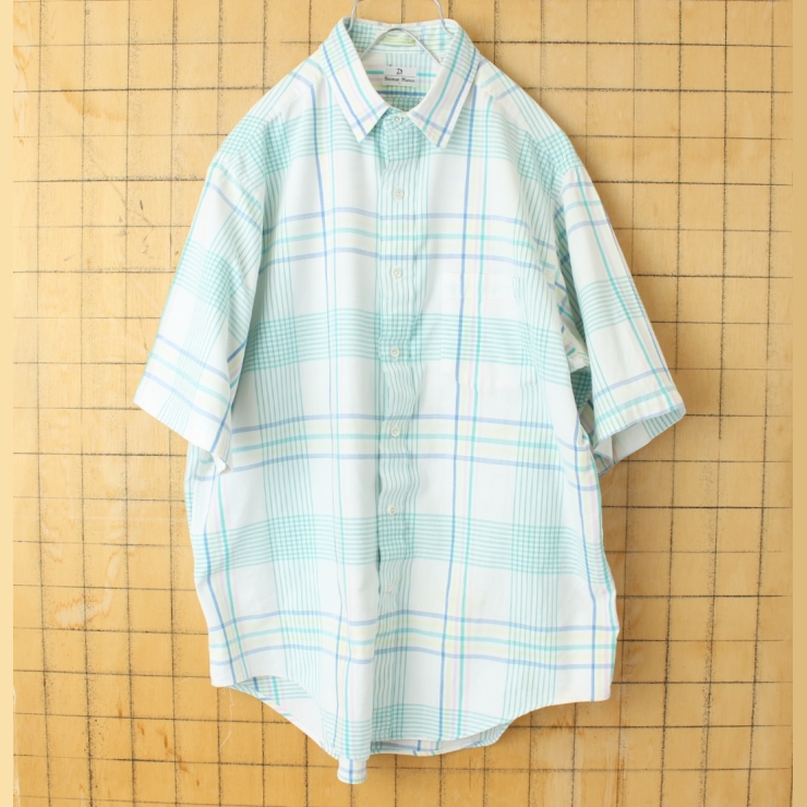 70s 80s USA製 Neiman-Marcus 半袖 チェックシャツ グリーン メンズL アメリカ古着