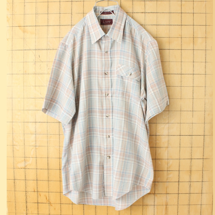 70s 80s USA Levis リーバイス 半袖 チェックシャツ レッド ブルー メンズL アメリカ古着