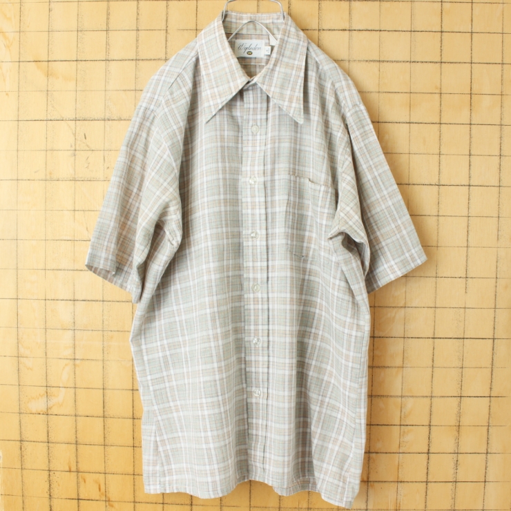 60s 70s USA Wyledon 半袖 チェックボックスシャツ グリーン メンズM アメリカ古着