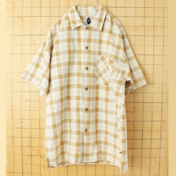 80s 90s USA BUGLE BOY 半袖 チェックボックス ラミーシャツ ベージュ メンズM アメリカ古着