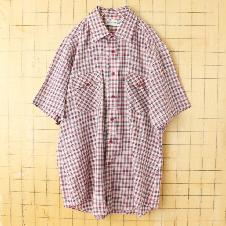 70s 80s USA Sears ROEBUCKS 半袖 チェックシャツ レッド ネイビー メンズL アメリカ古着