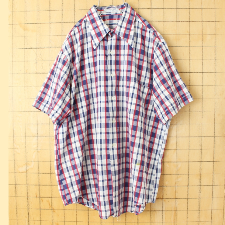 70s 80s USA 半袖 シアサッカー チェックシャツ レッド ネイビー メンズL アメリカ古着