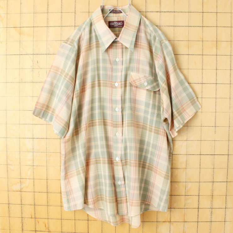 70s 80s USA the contour 半袖 チェックシャツ グリーン ピンク メンズL アメリカ古着
