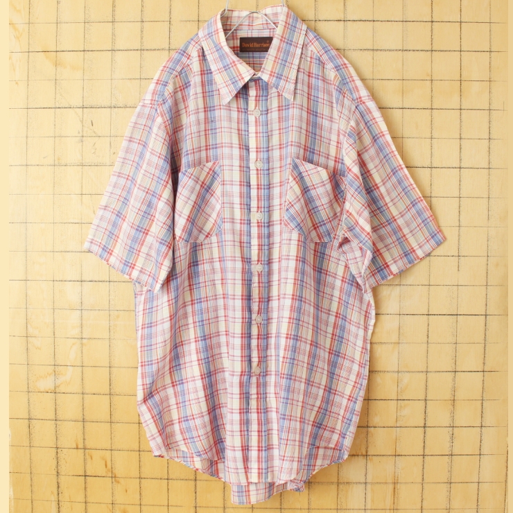 70s 80s USA David Harrison 半袖 チェックシャツ レッド ブルー メンズL アメリカ古着