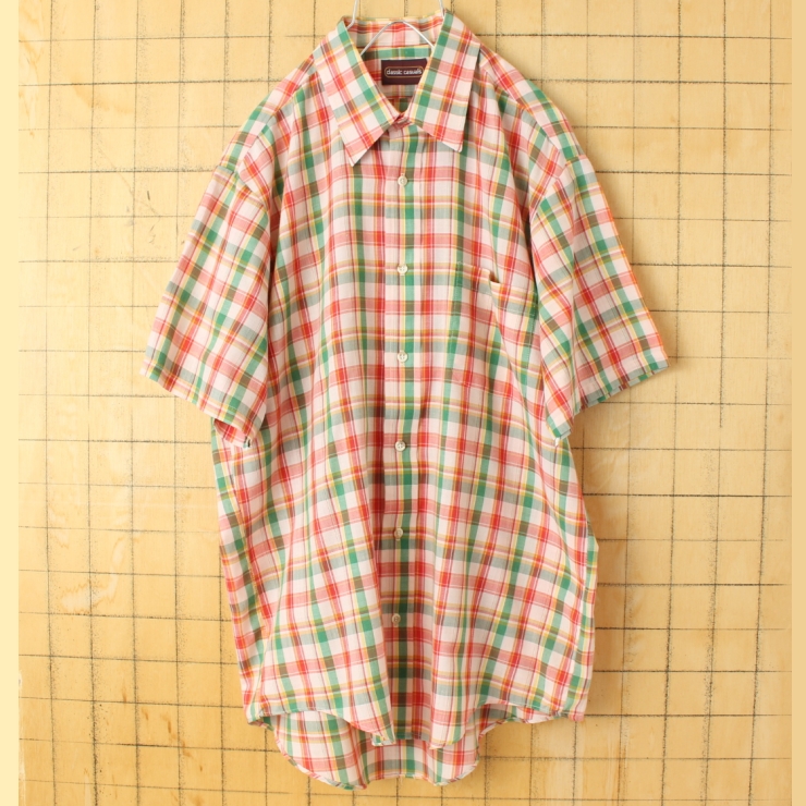 70s 80s USA製 classic casuals 半袖 チェックシャツ レッド グリーン メンズL アメリカ古着