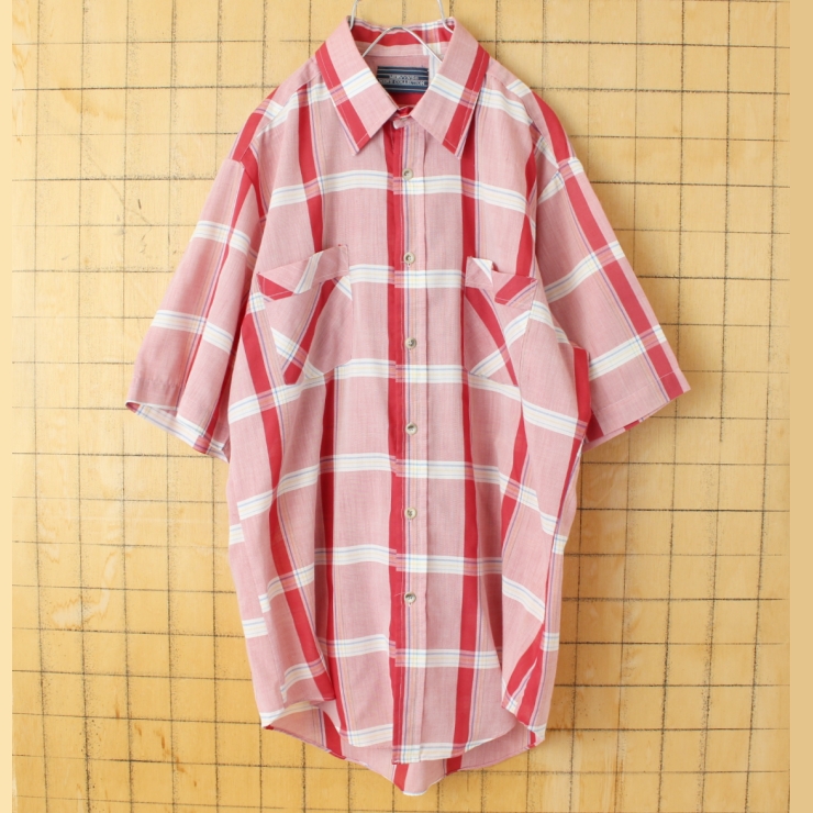 70s 80s USA MERVYN'S 半袖 チェックシャツ レッド メンズM アメリカ古着