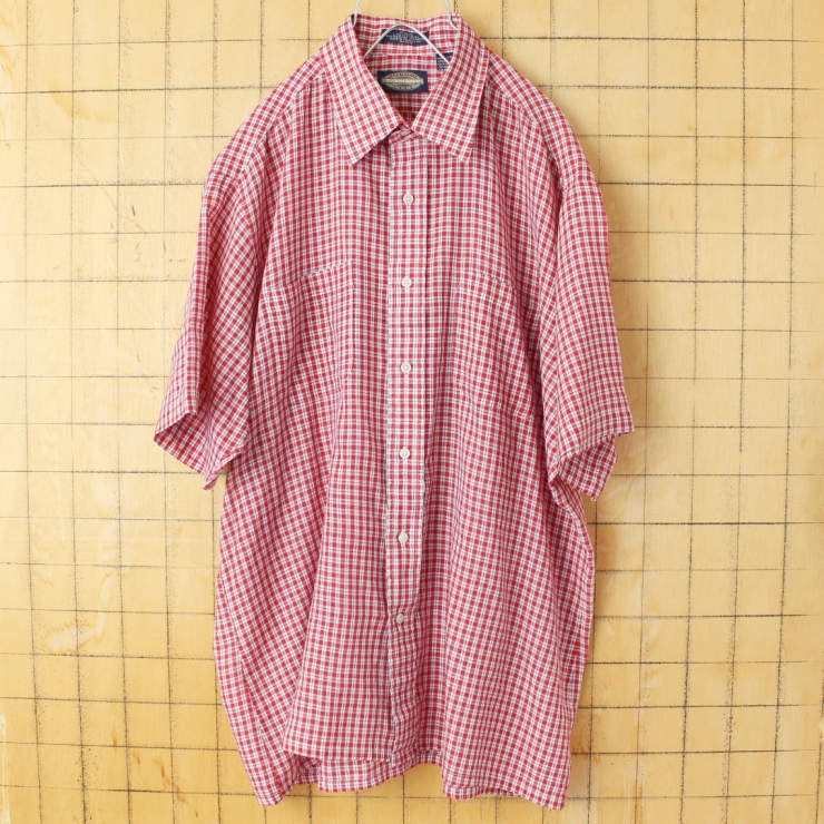 80s 90s USA TOWNCRAFT JCPenney 半袖 チェックボックスシャツ レッド メンズL アメリカ古着