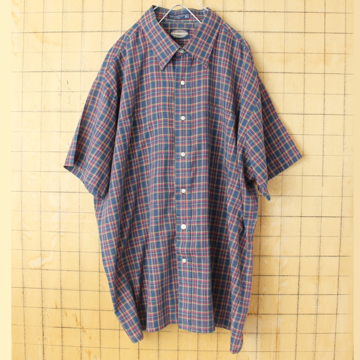 80s 90s USA TOWNCRAFT JCPenney 半袖 チェックボックスシャツ ネイビー レッド メンズXL アメリカ古着