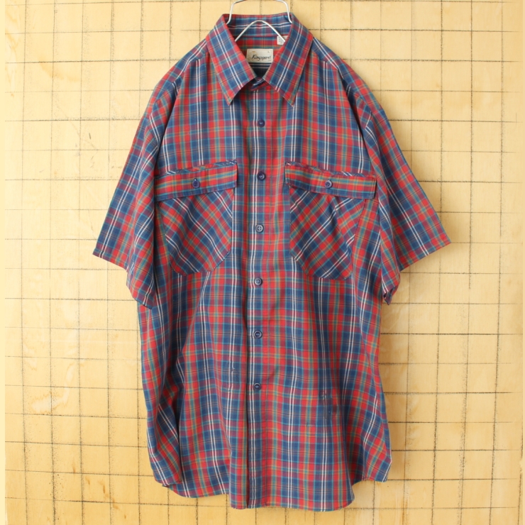 70s 80s USA Kingsport 半袖 チェックシャツ レッド ネイビー メンズL アメリカ古着