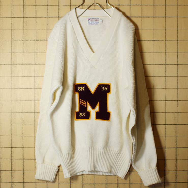 70s EAST-TENN アクリル ニット レタード セーター メンズM相当 ホワイト ビンテージ 古着