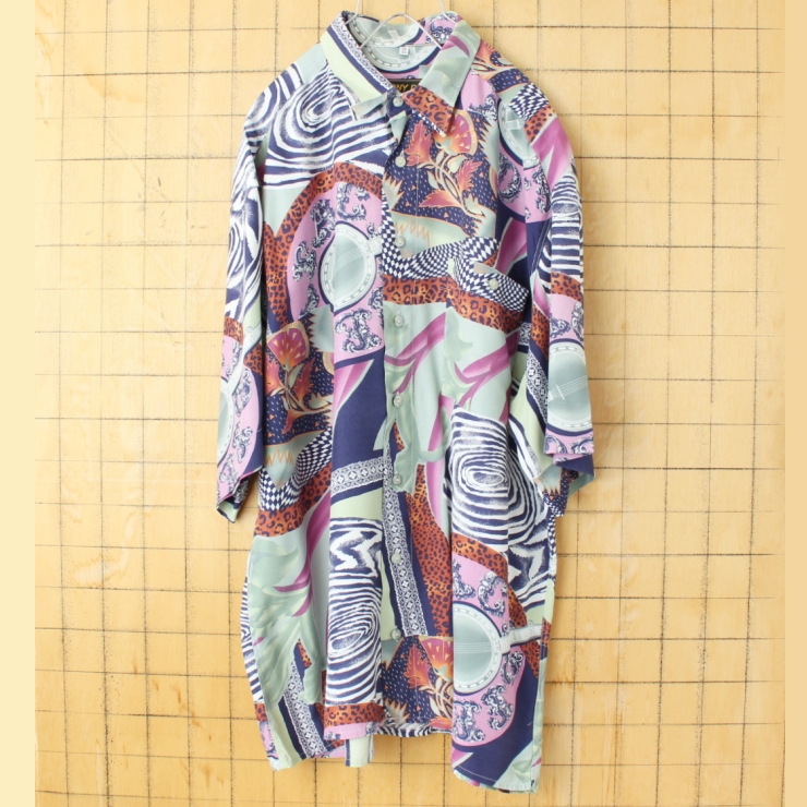 80s 90s EURO TONY D. 総柄レーヨンシャツ メンズXL相当 半袖 ピンク グリーン ヨーロッパ古着