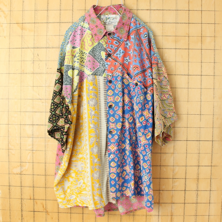 80s 90s EURO CLIMATE クレイジーパターン 総柄レーヨンシャツ メンズL 半袖 ヨーロッパ古着