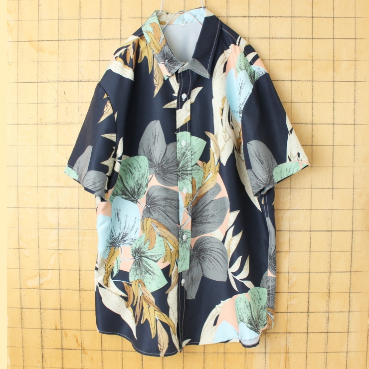 80s 90s EURO 総柄ポリエステルシャツ メンズL 花柄 半袖 ヨーロッパ古着