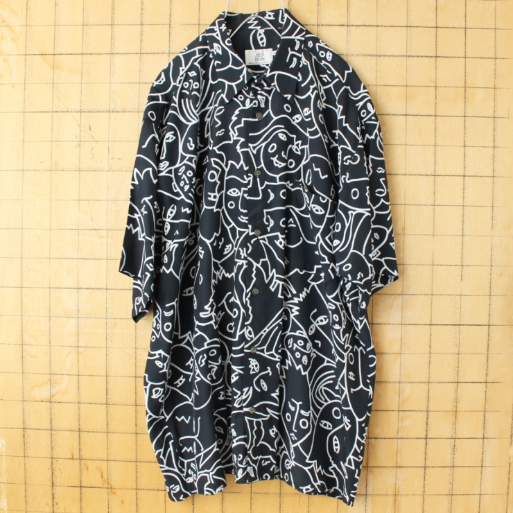 80s 90s EURO Alba Moda 総柄ポリエステルシャツ メンズXL相当 ブラック 顔柄 半袖 ヨーロッパ古着