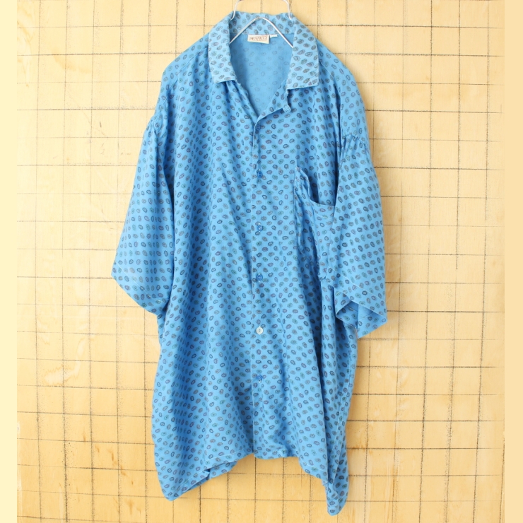 80s 90s EURO PEANUTS SPORTS WEAR 総柄レーヨンオープンカラーシャツ メンズL 半袖 ブルー ヨーロッパ古着