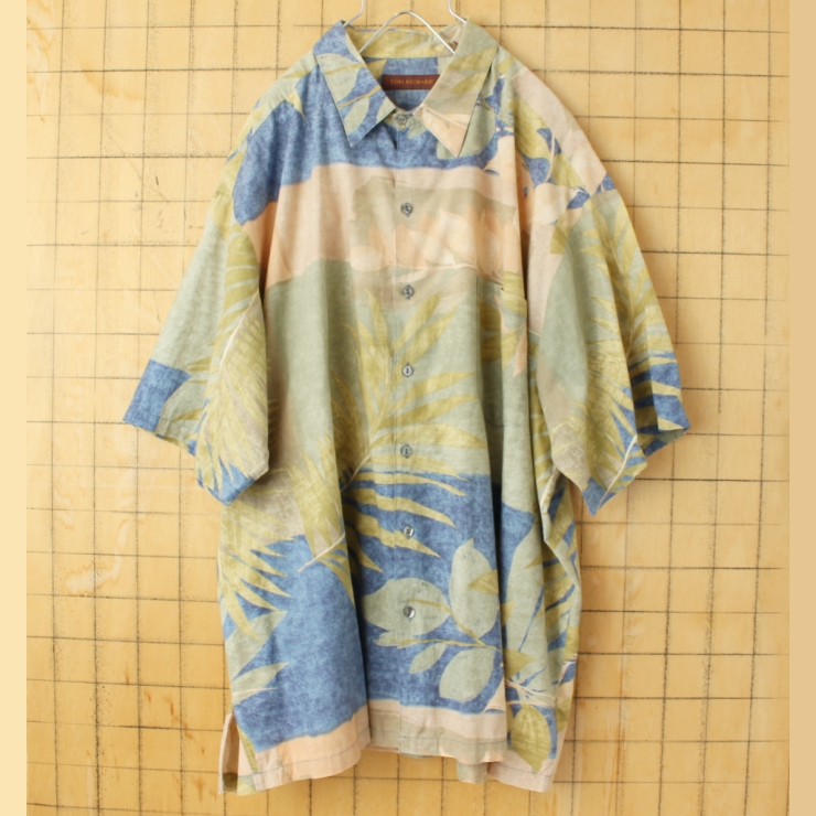 ビッグサイズ USA製 TORI RICHARD ボタニカル 総柄 半袖アロハシャツ グリーン メンズ2XL ハワイアン アメリカ古着