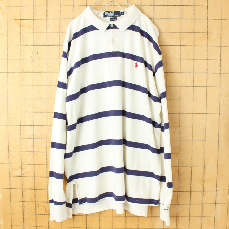 90s USA製 Polo RALPH LAUREN ポロラルフローレン ボーダー長袖ポロシャツ ホワイト ネイビー メンズL アメリカ古着