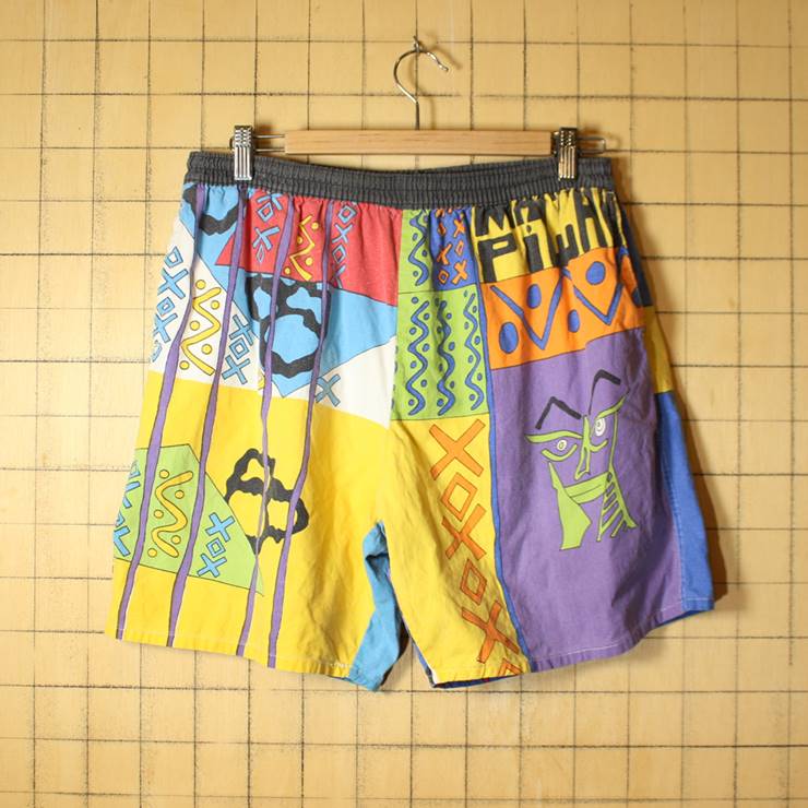 80s EURO 総柄 ショーツ ハーフパンツ メンズL相当 カラフル ブルー レッド ショートパンツ 短パン 古着 070220ss50