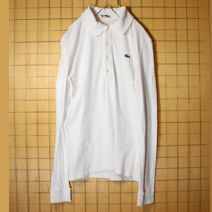 70s フランス製 フレンチラコステ Lacoste 長袖 ポロシャツ ホワイト 白 メンズSM相当 ワンポイント ヨーロッパ古着