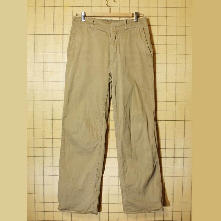 80s ギリシャ軍 ミリタリー チノトラウザーズパンツ W30相当 ベージュ ライトブラウン ボタンフライ 古着 070319ss104