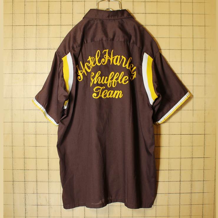 70s USA製 Hilton ヒルトン ボウリングシャツ チェーンステッチ 半袖 ブラウン メンズL 古着 HotelHarley Shuffle Team