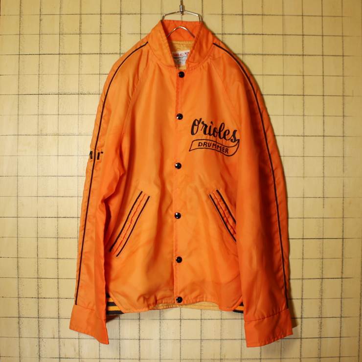 60s USA製 HARV-AL SPORTSWEAR ナイロン ジャケット スタジャン オレンジ メンズM相当 Orioles DRUMMER 刺繍 古着