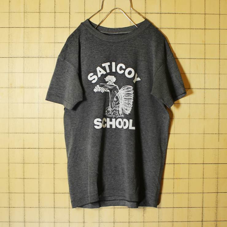 インディアン SATICOY SCHOOL プリント 半袖 Tシャツ ブラック メンズS相当 古着