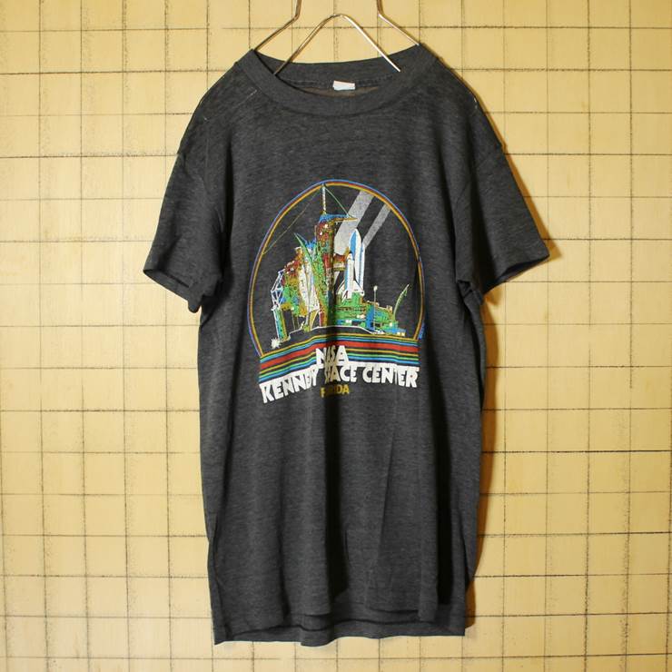 NASA KENNEDY SPACE CENTER FLORIDA プリント 半袖 Tシャツ ブラック メンズS相当 スペースシャトル 古着