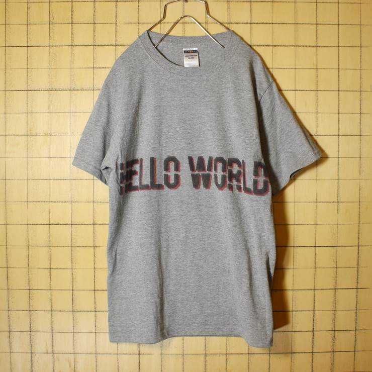 JERZEES HELLO WORLD プリント 半袖 Tシャツ 霜降り杢グレー メンズS 古着