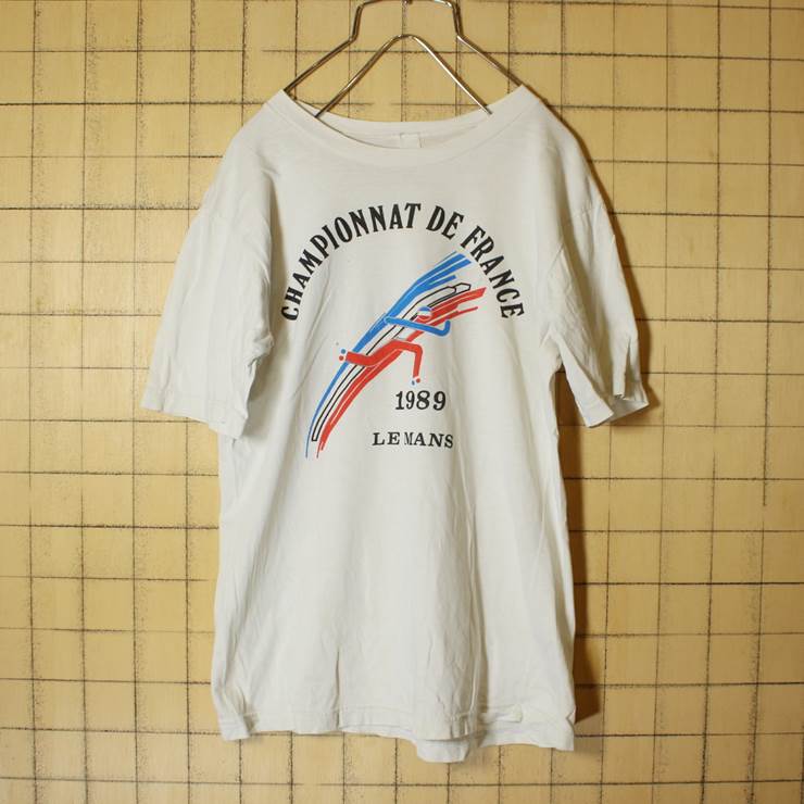 80s フランス プリント Tシャツ 半袖 ホワイト メンズS レディースM相当 ヨーロッパ古着 CHAMPIONNAT DE FRANCE