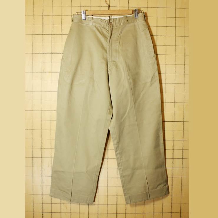 60s USA製 米軍 ミリタリー チノ パンツ ベージュ ライトブラウン W31 8.2oz PRENTICEジップ