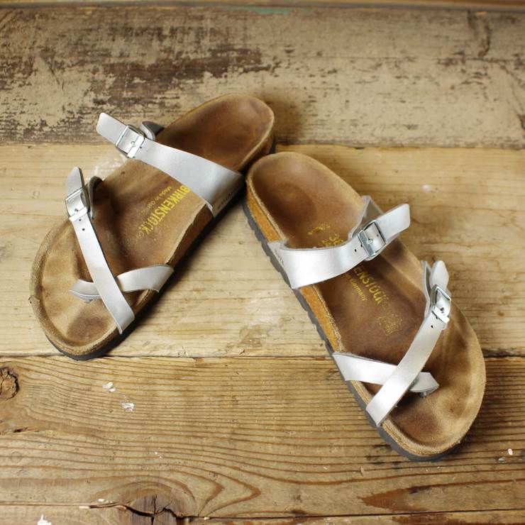 BIRKENSTOCK ビルケンシュトック Mayari マヤリ ドイツ製 古着 シルバー レザー サンダル 24.5cm ナロー